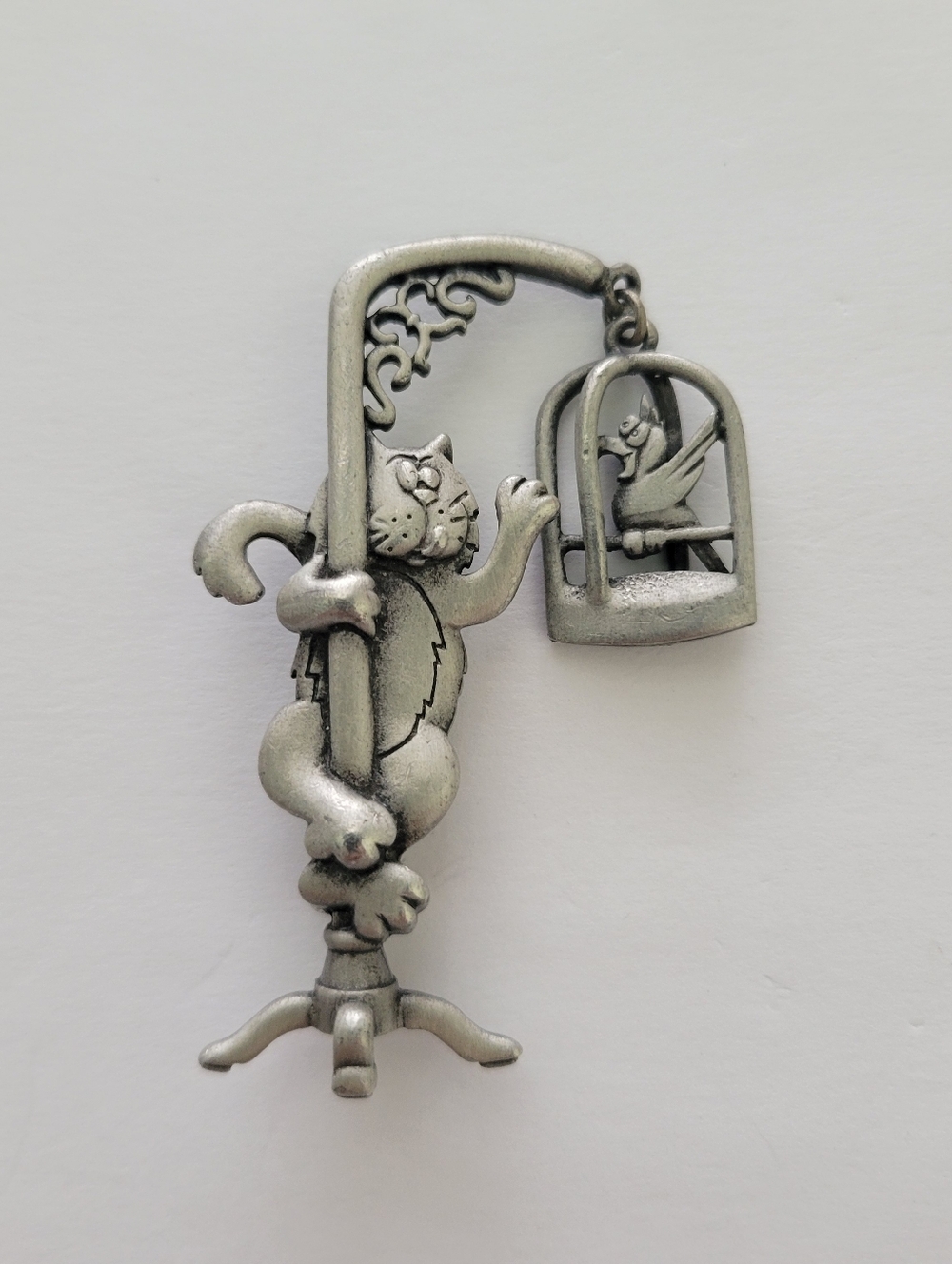 Vintage JJ Jonette Jewelry Pewter Cat With Bird Cage Pin Brooch Signed